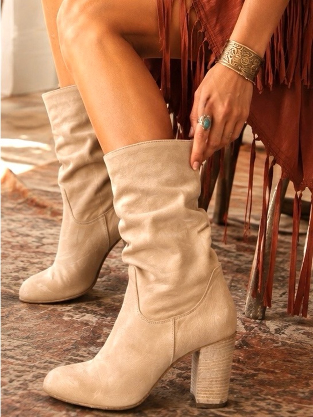 Free People Dakota Mid-Calf Slouchy Genuine Leather Block Heel Boots Beige 9